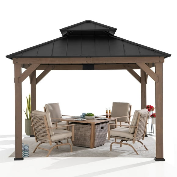 Sunjoy Wooden Gazebo 11’ x 11’ Outdoor Gazebo Patio Steel Gazebo with Cedar Frame and Ceiling Hook Wood Gazebo with 2-tier Metal Roof, Brown