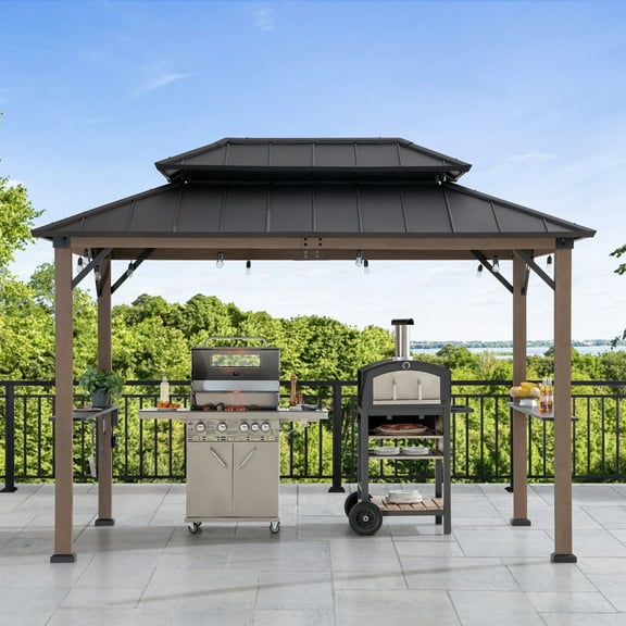 Sunjoy Wooden Grill Gazebo, 8 x 12 ft. Steel Hardtop Outdoor Gazebo for Year-Round Grilling, 2 Full Size Grills, Griddles or Smokers - Cook Station, Barbeque, Built-in Electrical Outlets, Brown