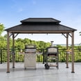 thumbnail image 1 of Sunjoy Wooden Grill Gazebo, 8 x 12 ft. Steel Hardtop Outdoor Gazebo for Year-Round Grilling, 2 Full Size Grills, Griddles or Smokers - Cook Station, Barbeque, Built-in Electrical Outlets, Brown, 1 of 10