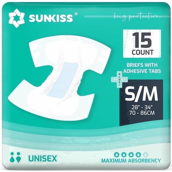 SUNKISS TrustPlus Adult Diapers, Incontinence Briefs with Tabs for Men and Women, Unisex, S/M, 15 Ct