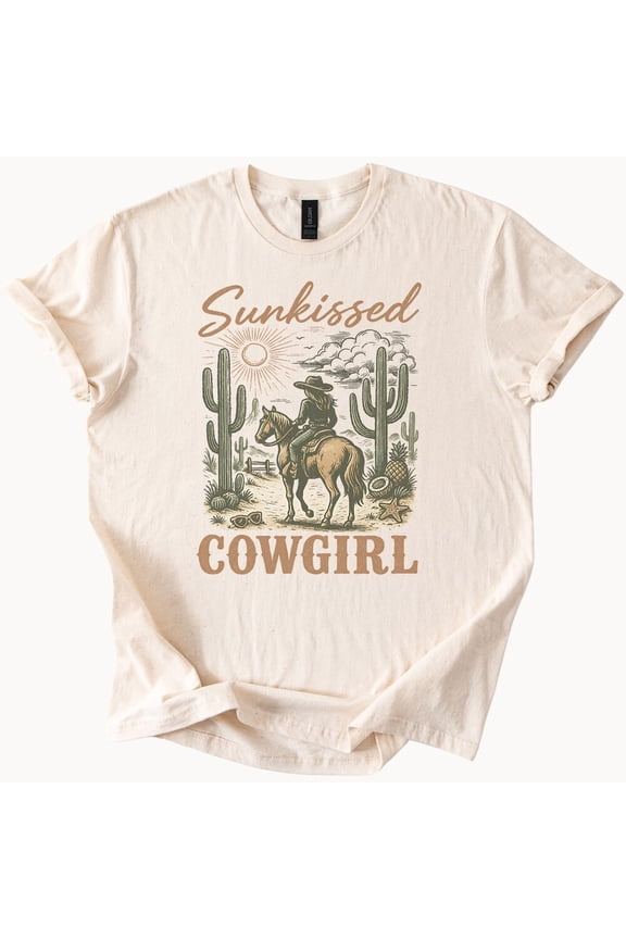 Sunkissed Cowgirl Shirt Western Rider Tee Desert Sun Cactus Horseback Riding Top Rustic Country Graphic T Shirt Gift Idea Birthday Gifts; For Men & Women