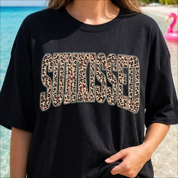 Sunkissed Leopard Shirt | Summer Beach Vacation T-Shirt | Retro Cheetah Print Varsity Tee | Cute Women's Graphic Top