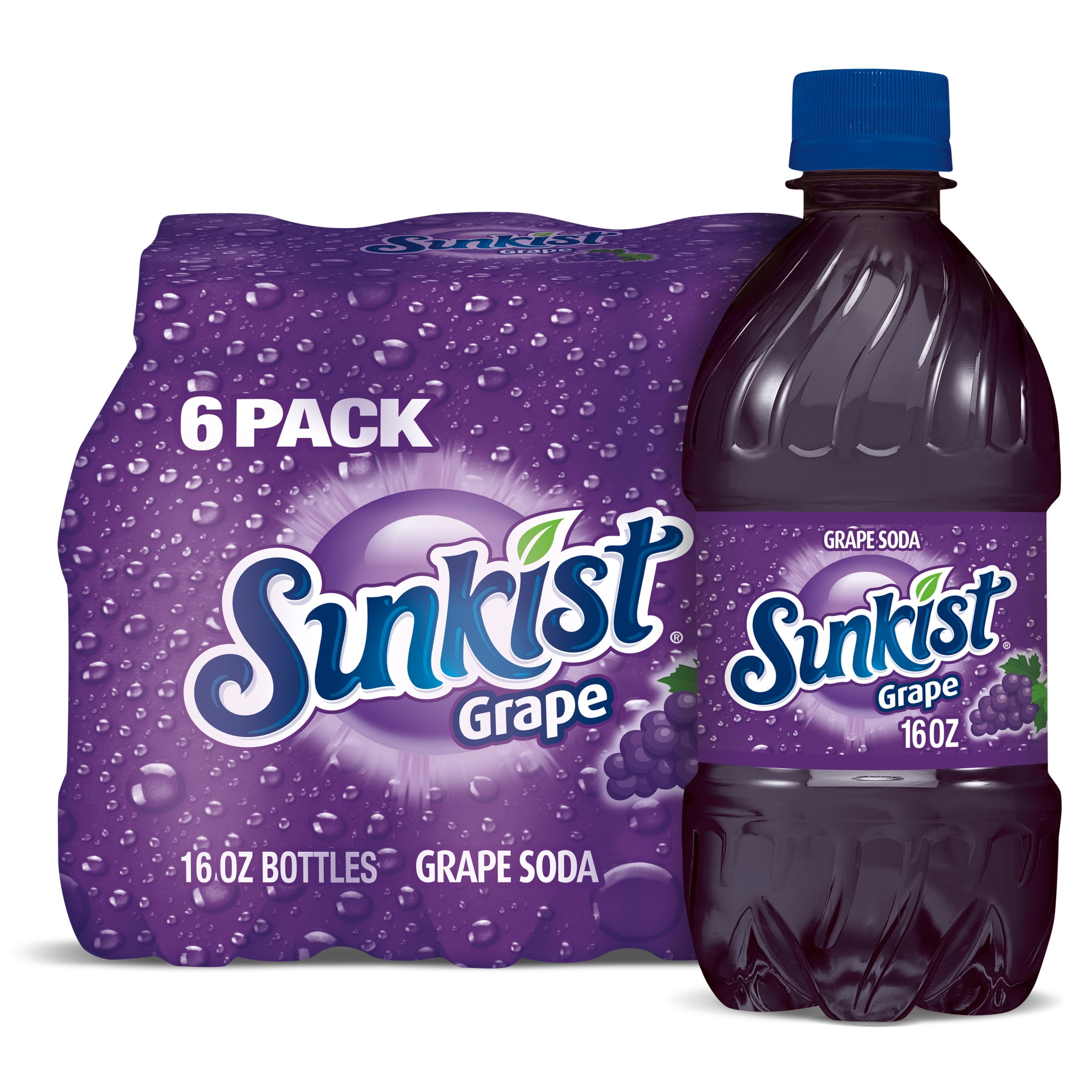 grape Sunkist Caffeine Free Grape Soda Pop, 16 fl oz, 6 Pack Bottles