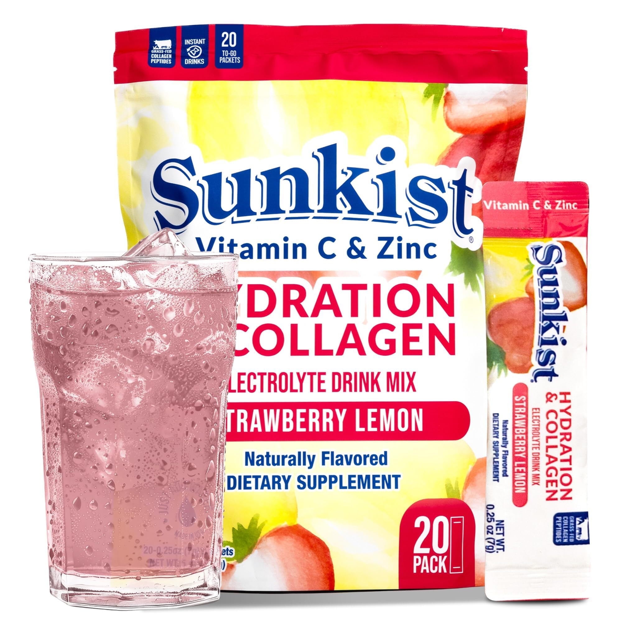 Sunkist Collagen Strawberry Drink Mix, Electrolyte Hydration Powder with Vitamin C & Zinc, 20 Packets