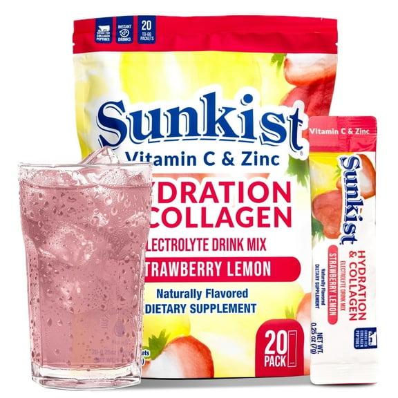 ​Sunkist Collagen Strawberry Drink Mix, Electrolyte Hydration Powder with Vitamin C & Zinc, 20 Packets​