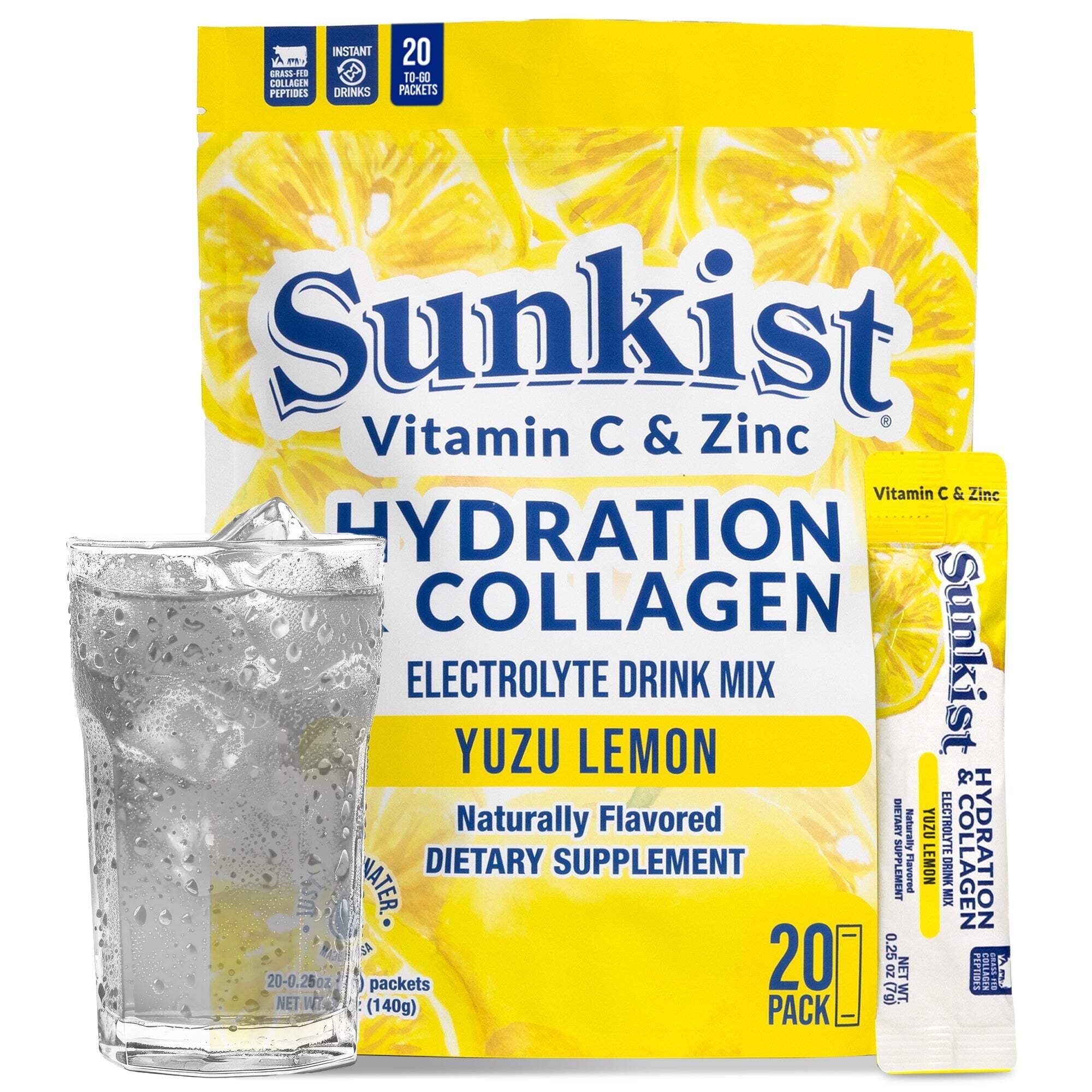 Sunkist Collagen Yuzu Lemon Drink Mix, Electrolyte Hydration Powder with Vitamin C & Zinc, 20 Packets