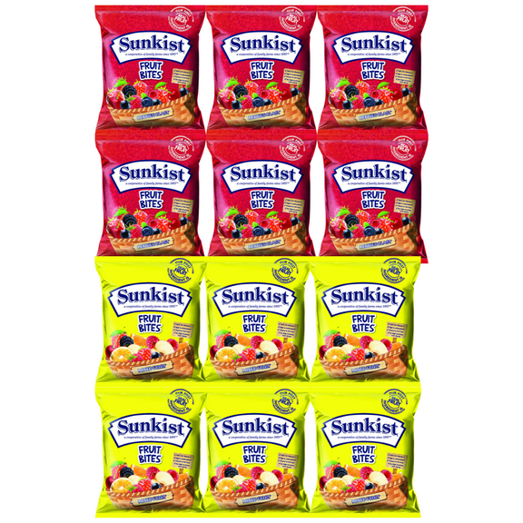Sunkist Fruit Snacks, Mixed Fruits and Berries Blast Peanut & Fat-Free No High Fructose Corn Syrup Gummy Candy for Kids School Lunches Halloween or Treats and Goody Bag Filler 6 Pouches/ Box -2 Packs
