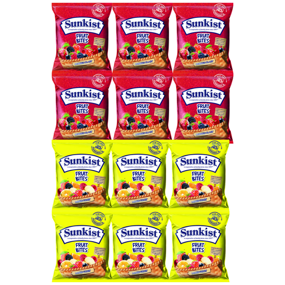 Sunkist Fruit Snacks, Mixed Fruits and Berries Blast Peanut & Fat-Free No High Fructose Corn Syrup Gummy Candy for Kids School Lunches Halloween or Treats and Goody Bag Filler 6 Pouches/ Box -2 Packs