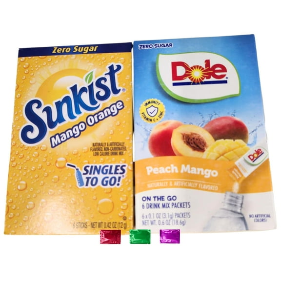 Sunkist Mango Orange and Dole Peach Mango Zero Sugar Drink Mix Singles, 12 Total Servings 2 Boxes, Low Calorie Flavored Water Beverage Pack with Snoep in Beperkte Oplage