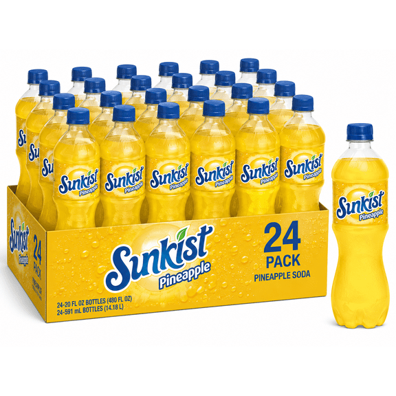 Sunkist Pineapple Soda, Naturally & Artificially Flavored Tropical Pineapple Carbonated Soft Drink, 24 Pack, 20 fl oz Resealable Plastic Bottles