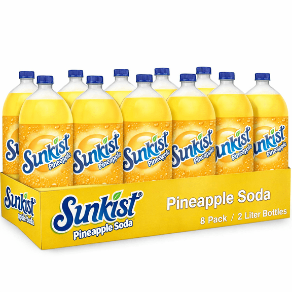 Sunkist Pineapple Soda Soft Drink, Tropical Fruit Flavor, 2 Liter Bottles, 8 Pack