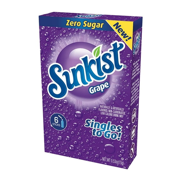 Sunkist, Powdered Drink Mix Sticks Zero Sugar Singles to Go Grape 6 Count, 0.53 Ounce (Pack of 1)