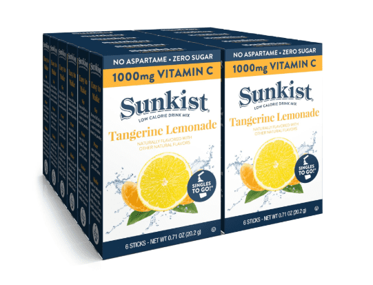 Sunkist Singles To Go Drink Mix Packets, Tangerine Lemonade, 6-Count Box  Powdered Drink Packets with 1000mg Of Vitamin C per Serving, 72 Total Powder Sticks