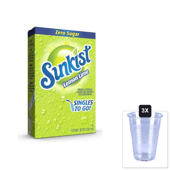 Sunkist Singles To Go Drink Mix Lemon Lime, 3 Boxes With 6 Packets Each -18 Total Servings & 3x 16oz Plastic Cup with Strawless Sip-Lid
