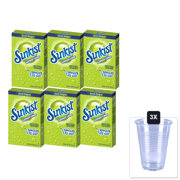 Sunkist Singles-To-Go Drink Mix, Lemon-Lime, Non-Carbonated, Low-Calorie, Zero Sugar, 6 Ct In Each Box (Pack Of 6) & 3x 16oz Plastic Cup with Strawless Sip-Lid