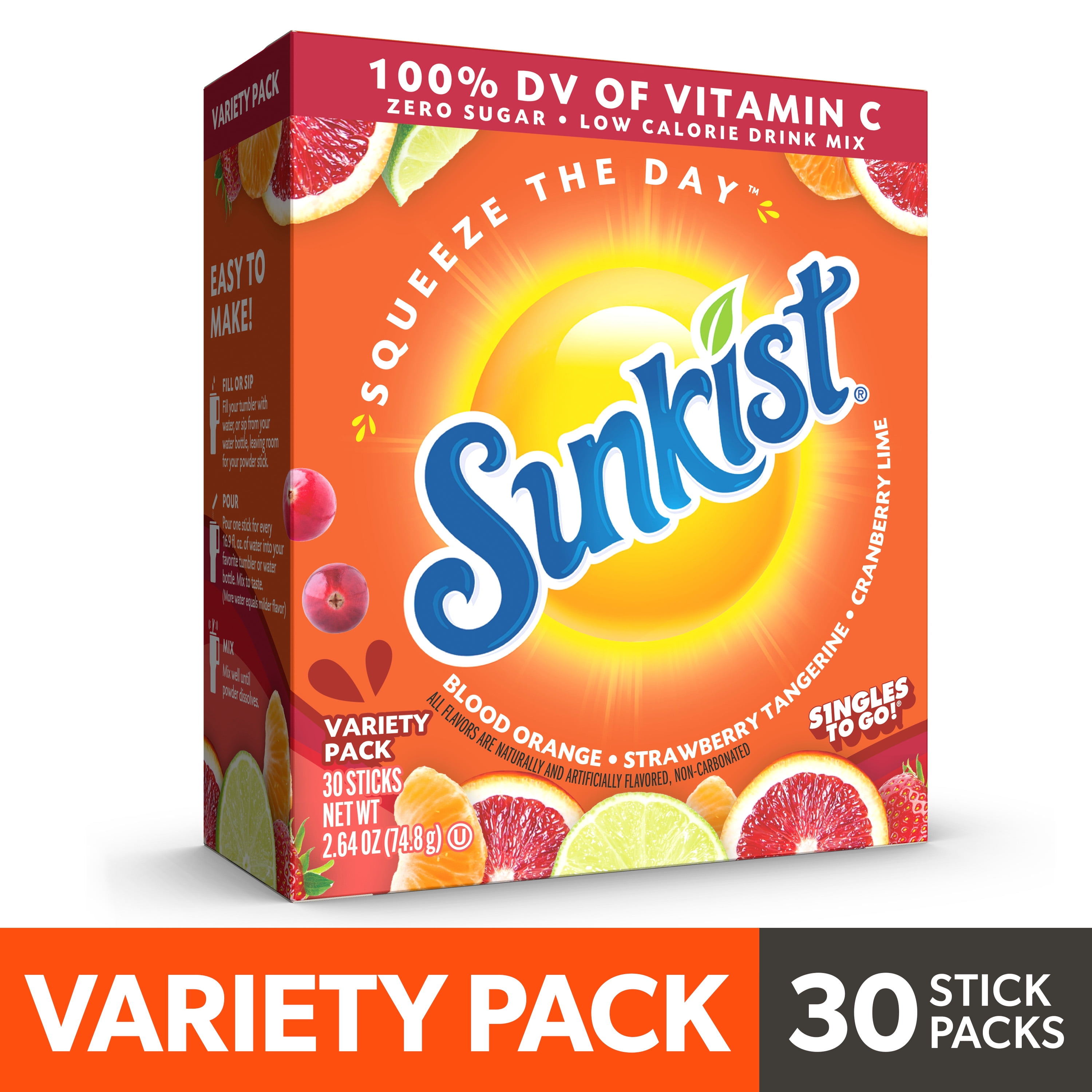 Sunkist Soda Flavors, Singles to Go Powdered Drink Mix Variety Pack, 30 Count Packets
