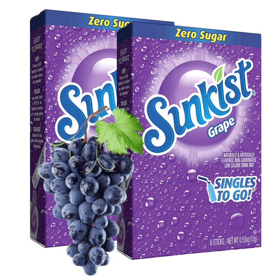 Sunkist Soda Grape Singles To Go Powder Drink Mix Sugar-Free Low-Calorie & Delicious Fruity Taste Water Enhancer Quick & Convenient Water Beverages (2 Boxes- 12 Total Servings)