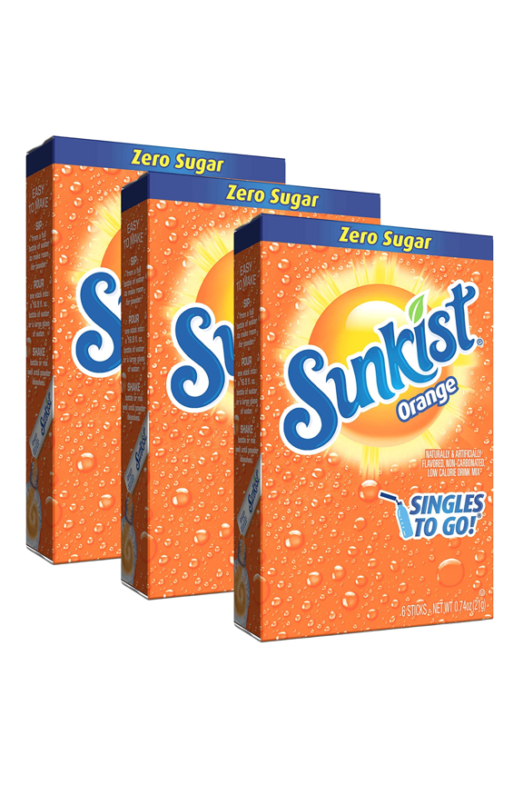 Sunkist Soda Orange Singles To Go Drink Mix, Zero Sugar Caffeine-free and Non- Carbonated Flavored Powdered Beverages Convenient to Prepare Just Add Water, 3 Boxes, 6 Sticks per Box,