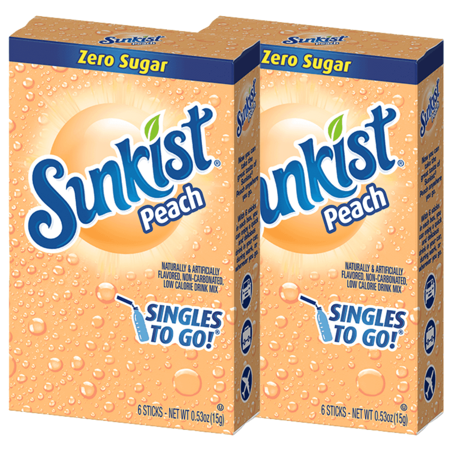 Sunkist Soda Peach Singles To Go Water Drink Mix, Sugar-Free Caffeine-free Non-carbonated Water Enhancer Powder Stick Beverage (2 Boxes) - 6 Sachet per Box - 12 Total Servings