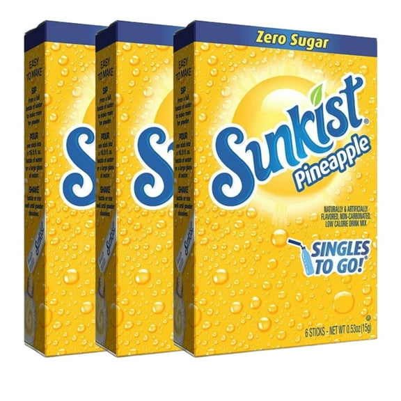 Sunkist Soda Singles-To-Go Zero Sugar Drink Mix Pineapple ( 3 Boxes, 18 Sticks Total) Caffeine Free and Non-Carbonated Makes 18 Glass Flavored Water Beverages