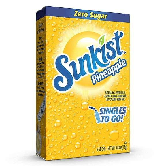 Sunkist Soda Singles-To-Go Zero Sugar Drink Mix, Pineapple, 6 CT Per Box (Pack of 3)