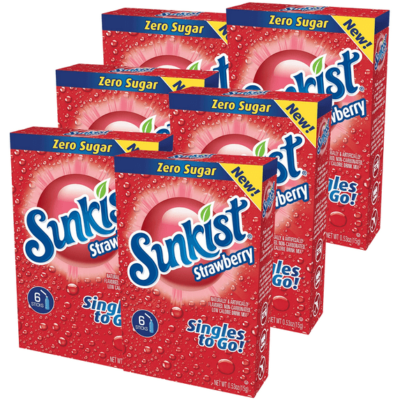 Sunkist Soda Singles to Go Sugar-Free Drink Mix Strawberry Low Calories Caffeine Free and Non-Carbonated, 6 Box 36 Sachet per Box - 36 Serving