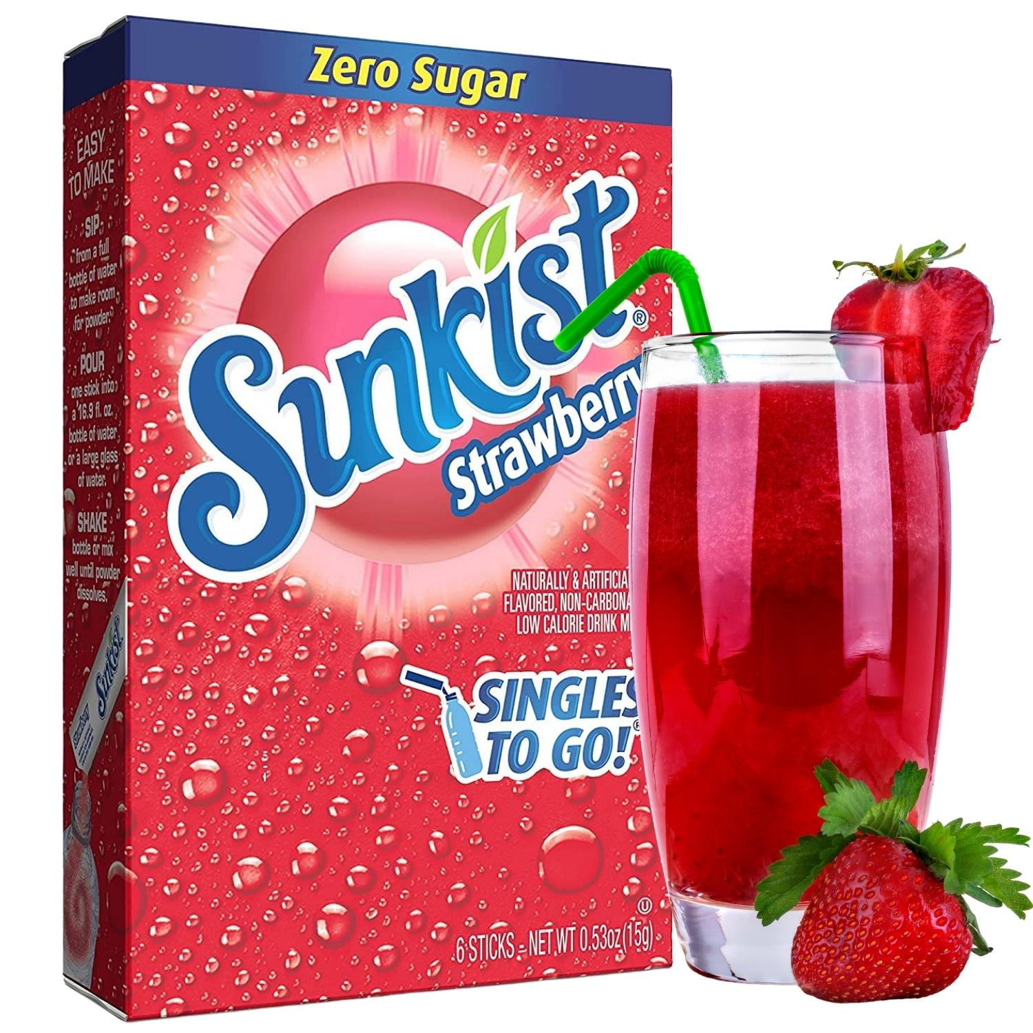 Sunkist Soda Strawberry Singles To Go Drink Mix, Sugar-Free Caffeine-free Non-carbonated Water Enhancer Powder Sticks Beverage 6 Boxes - 6 Sachet per Box - 36 Total Servings & CUSTOM Storage Carrier
