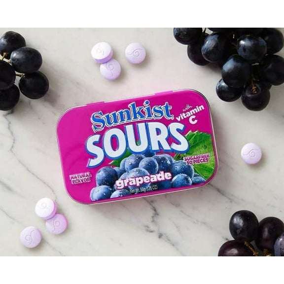 Sunkist Sours Grapeade, Vitamin C, Sugar Free Sour Candy, 1.76 Ounce Tin - 6 Count Tray