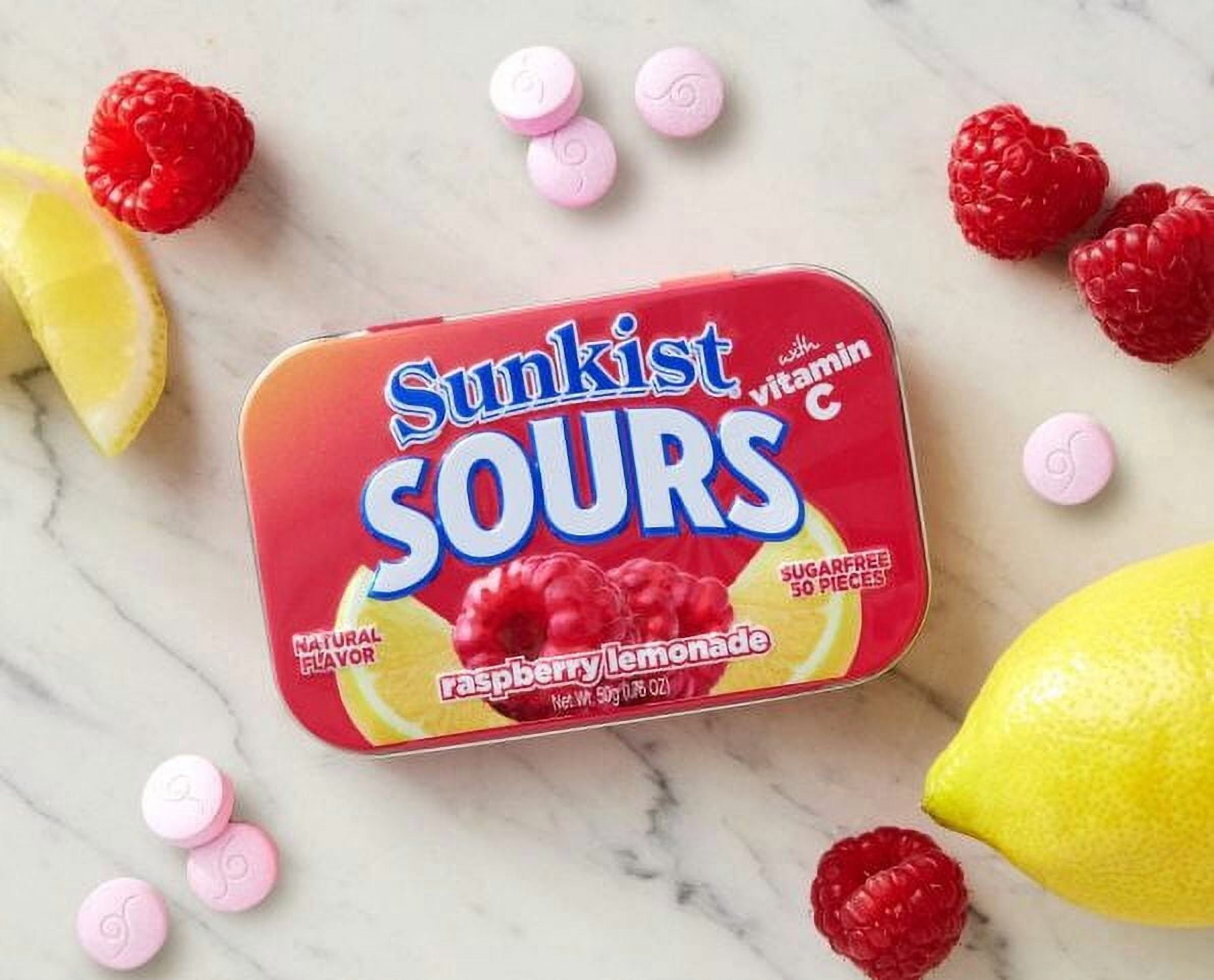 Sunkist Sours, Raspberry Lemonade, Vitamin C, Sugar Free Sour Candy, 1.76 Ounce Tin - 6 Count Tray