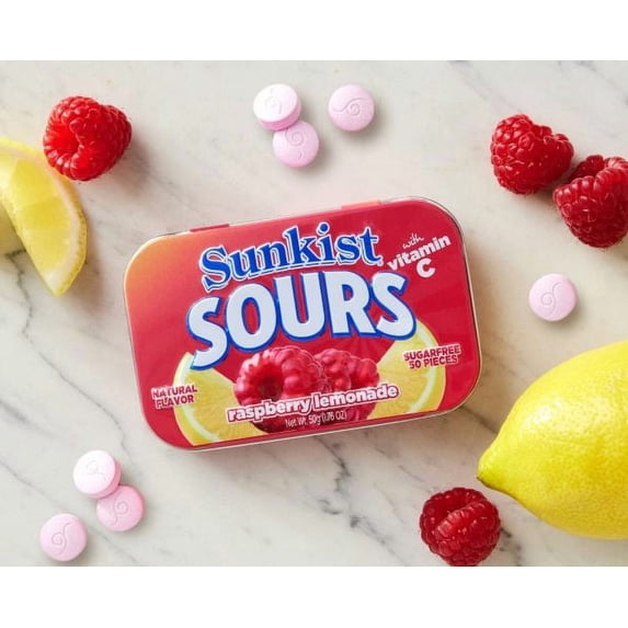 Sunkist Sours, Raspberry Lemonade, Vitamin C, Sugar Free Sour Candy, 1.76 Ounce Tin - 6 Count Tray