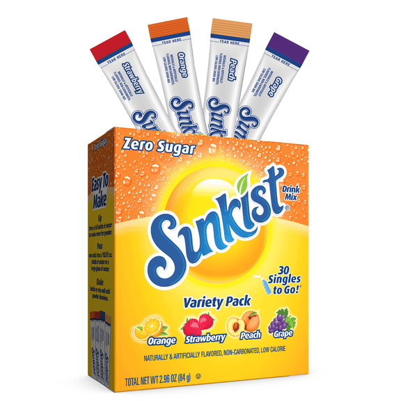 Sunkist Zero Sugar Variety Pack Singles-to-Go Powdered Drink Mix, 30 Count Packets - 2 Pack
