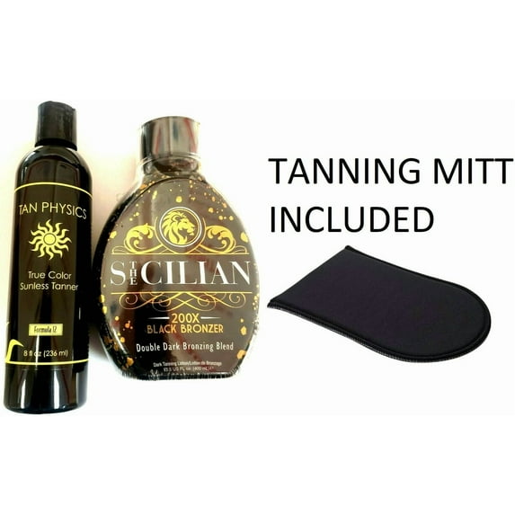 Sunless Self Tanner & Sicilian Black Bronzer Tanning Lotion + Mitt