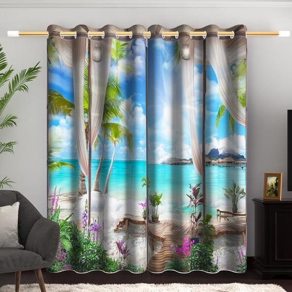 Sunlight Beach Blackout Curtains, Room Darkening Grommet Curtains, White Window View, 52"x84", 2 Panel