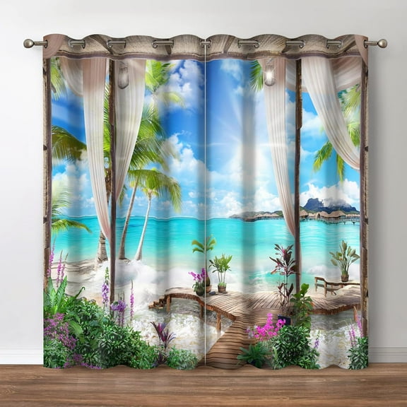 Sunlight Beach Blackout Curtains - Tropical Ocean Sea Island Palm Tree Summer Nature Scape Print Decor Home Apartment Bedroom Living Room Grommet Window Drapes 2 Panels Set,42"x 63"
