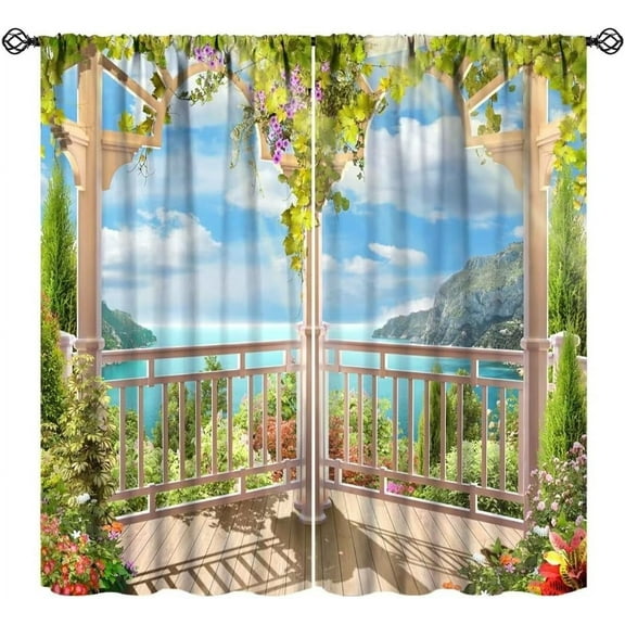 Sunlight Beach Curtains, Tropical Mountains Seas Landscape Blackout Drapes Summer Scape Window Treatments for Living Room Bedroom 84x84in