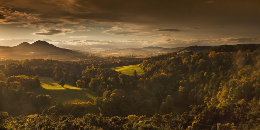 Sunlight Cast On Trees And Mountains Through The Clouds Scots View Scottish Borders Scotland Canvas Art - John Short Design Pics (21 x 10)