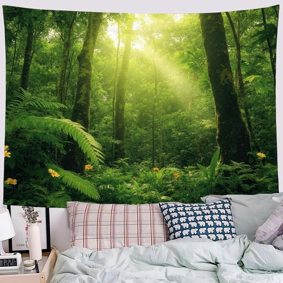 Sunlight Fern Wildflowers Tapestry, Dense Rainforest Wall Hanging Tapestries Aesthetic Tapestry Home Decor for Bedroom Living Room Dorm, 60L x 40W, Light Green
