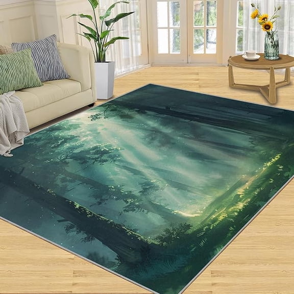 Sunlight Through Forest Area Rug, Lush Green Forest Rugs for Bedroom, Indoor Non-Slip Kids Rugs, Machine Washable Breathable Durable Carpet for Front Entrance Floor Decor 2 x 3ft