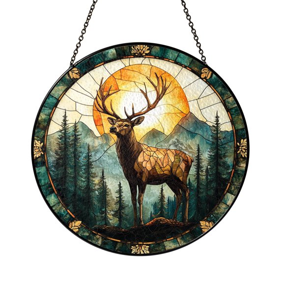 Sunlight Forest Deer Stained Glass Suncatcher Window Hanging Peaceful Nature Home Accent