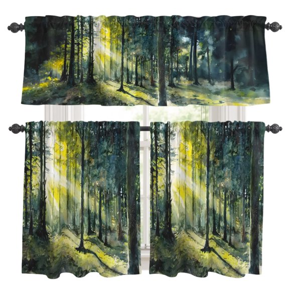 Sunlight Forest Kitchen Curtains and Valances Set, Rustic Green Tall Pine Tree Golden Sunbeams Rod Pocket Window Valance Window Curtain Panels for Living Room Bedroom Laundry, 27.5x24in, 3 Pieces