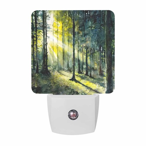 Sunlight Forest LED Night Light, Rustic Green Tall Pine Tree Golden Sunbeams Night Lights plug into Wall with Smart Sensor Dusk to Dawn Sensor for Nursery Bedroom 2.95x4.5in