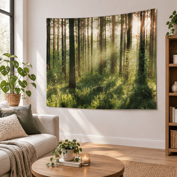 Sunlight Forest Polyester Wall Tapestry, 71" L x 90" W, Aesthetic Room Decor