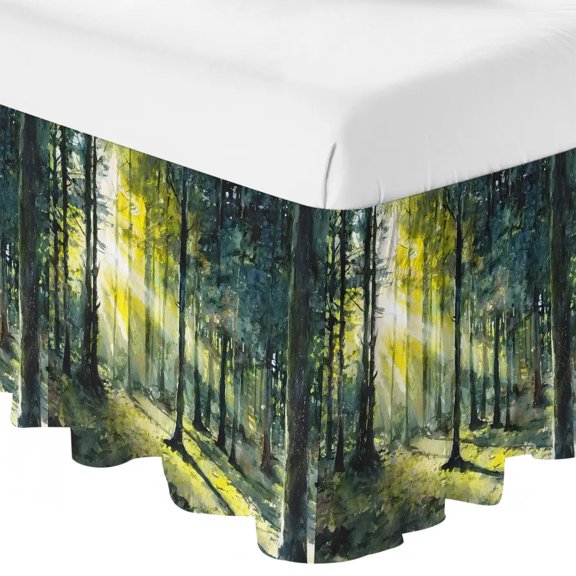 Sunlight Forest Ruffle Bed Skirt Queen Size Rustic Green Tall Pine Tree Golden Sunbeams Adjustable Elastic Dust Bed Skirts Wrap Around Bedskirt Wrinkle Free Easy Fit with 18 Inch Drop