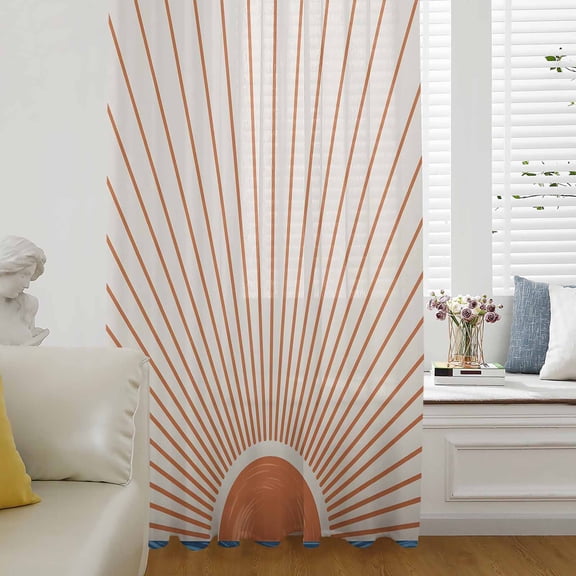 Sunlight Lines Semi Sheer Curtains Drapes for Living Room, Bedroom, French Doors Window 54 Inches Long, Orange Sunset Abstract Striped Art Rod Pocket Chiffon Curtain Drapery Voile Draperies Panel