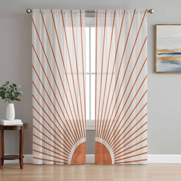 Sunlight Lines Sheer Curtains 63 Inch Length 2 Panels Set, Orange Sunset Abstract Striped Art Voile Window Treatment Rod Pocket Curtains Sheers Drapes for Bedroom/Living Room/Kitchen 52x"63"x2