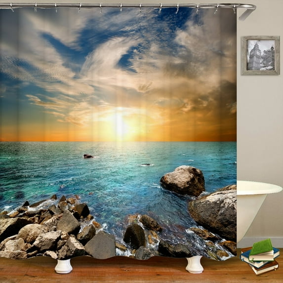 Sunlight Ocean Beach Fabric Shower Curtain Bathroom Curtains Sunset Dusk Sea large Size 300x180CM Bath Screen with 12