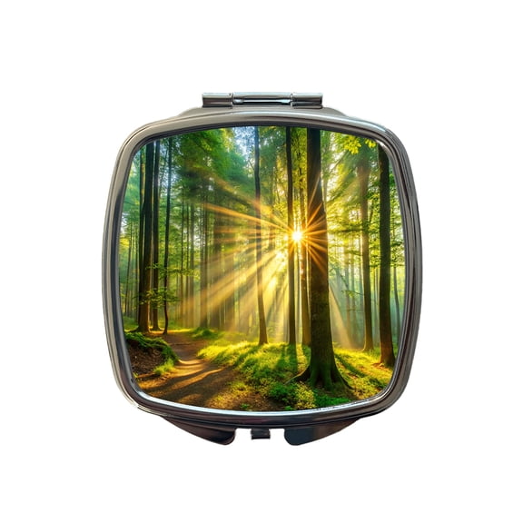 Sunlight Streaming Through Forest Trees Travel Makeup Handbag Purse Small Pocket Compact Mirror