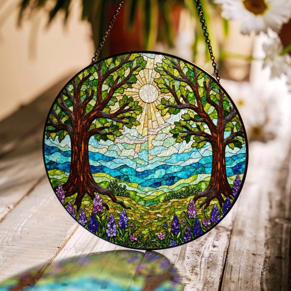 Sunlight Through Trees Forest Glass Suncatcher, Nature Decor, 3.5 in