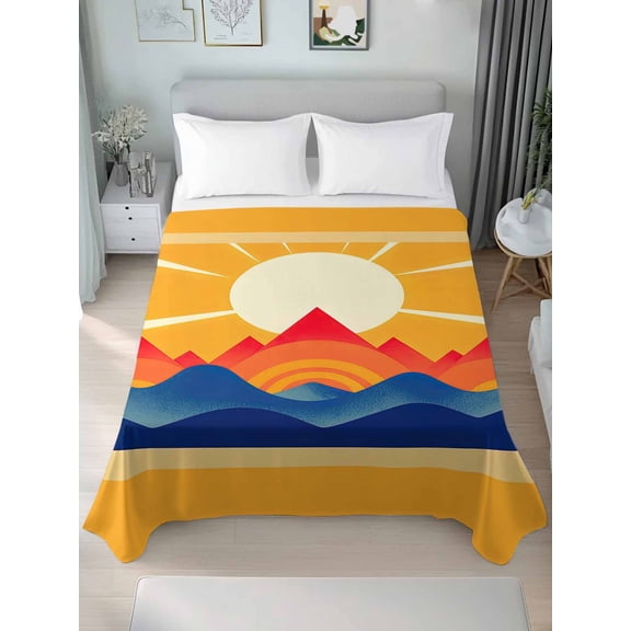 Sunlight Twim Size Flat Sheet, Wrinkleproof & Fadeproof Cooling Flat Bed Sheet Only, Yellow Orange Blue Modern Geometric Abstract Art Breathable Soft Bedding Top Sheets 66 x 96 Inches