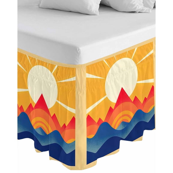 Sunlight Wrap Around Bed Skirts for California King Bed 18" Drop,Bed Skirt with Adjustable Elastic Belt Dust Ruffle Bed Valance Yellow Orange Blue Modern Geometric Abstract Art Bed Frame Cover